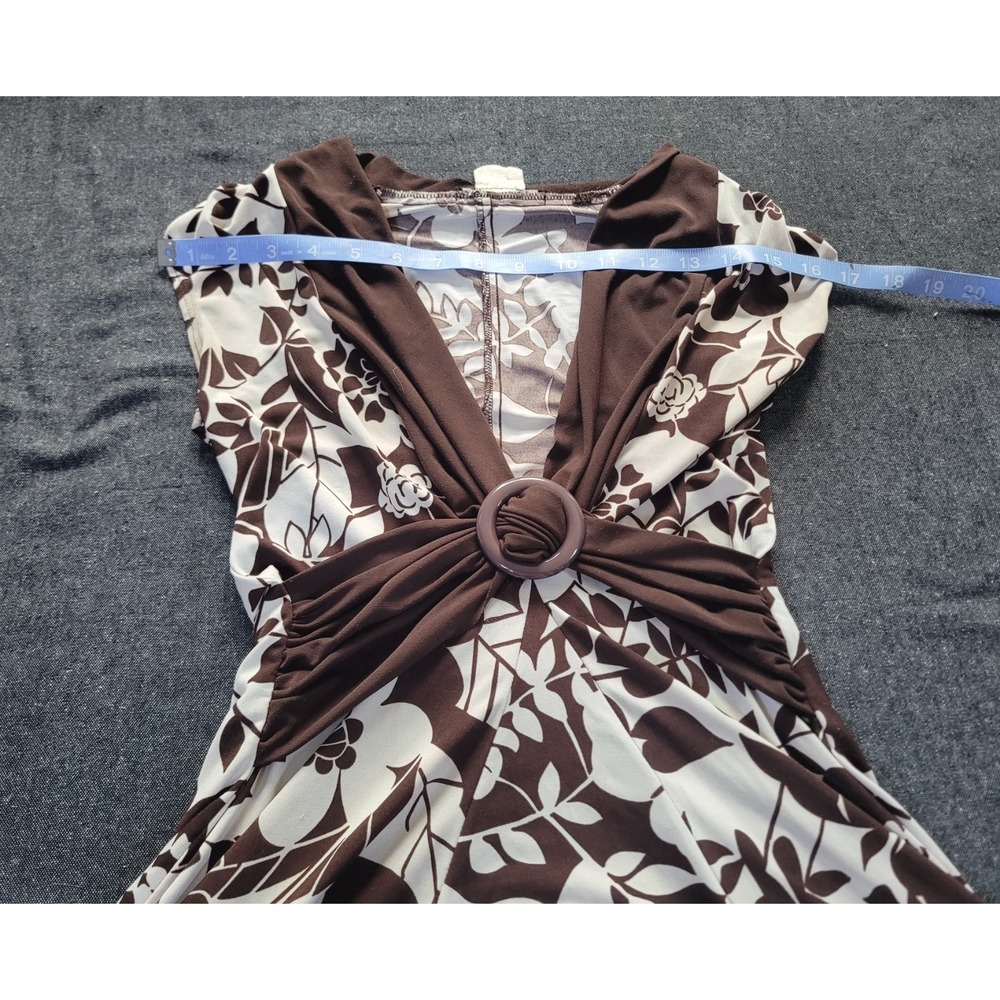 Vintage 90s Y2K Brown White Floral Dress La Belle Stretch Tropical S V Neck - Picture 8 of 12
